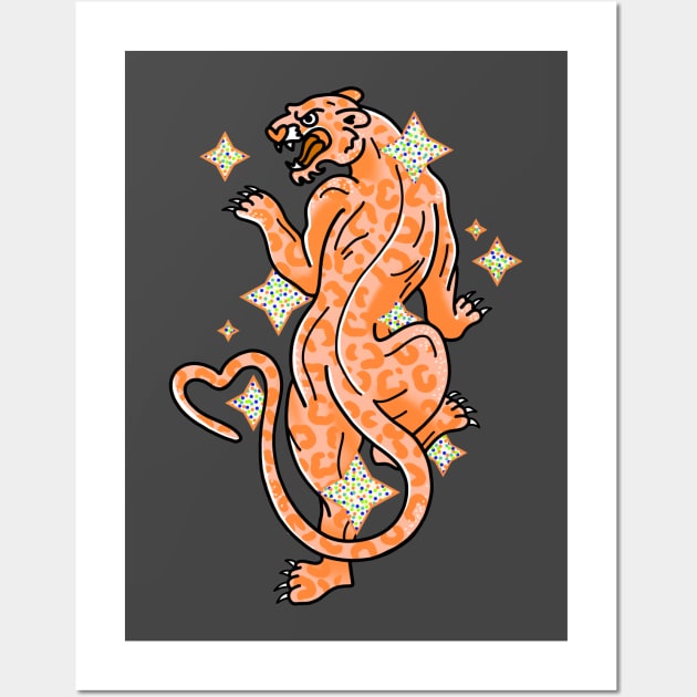 American Traditional Panther Tattoo in Orange with Sparkles and Glitter cute gift Wall Art by AnanasArt